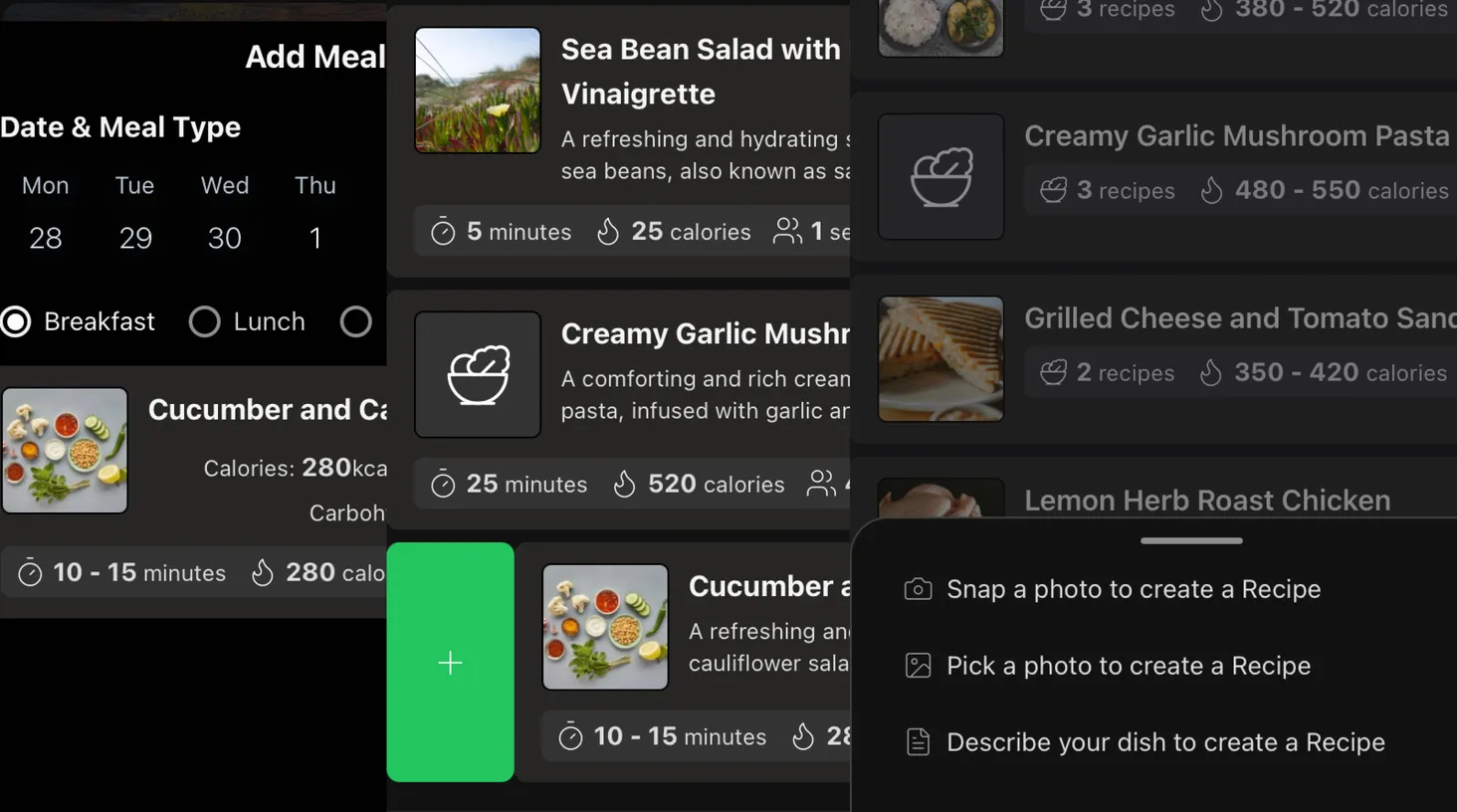 TamiMeal's AI-powered meal creation interface showing recipe generation from photos and descriptions